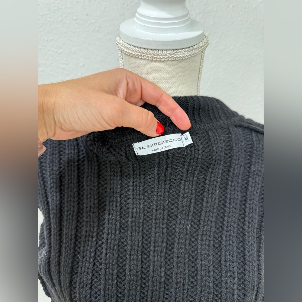 Y2K Italian Cable Knit Sweater Jacket Tibet Lamb Fur Cuffs Cropped Zip Black M - Picture 5 of 8